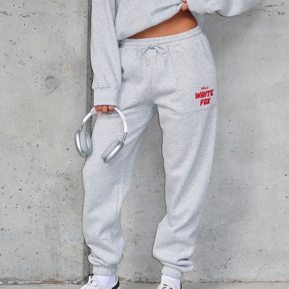 White Fox Boutique Pants - White Fox, Offstage Sweatpants, Alloy Grey w/ Red, Size M